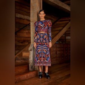 NWT FARM Rio Blue Nature Beauty Scarf Knit Midi Skirt